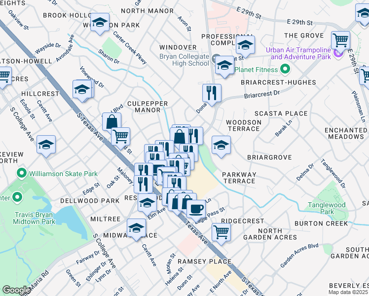 map of restaurants, bars, coffee shops, grocery stores, and more near 2703 Wayside Drive in Bryan