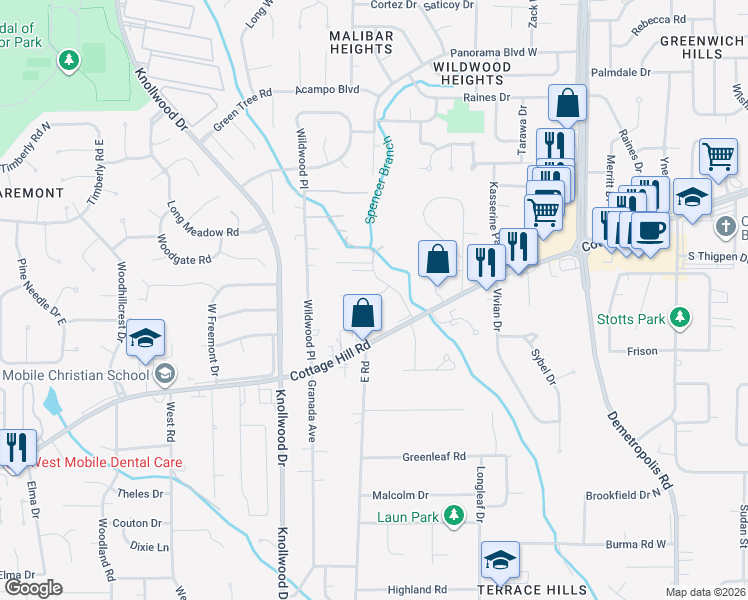 map of restaurants, bars, coffee shops, grocery stores, and more near 5623 Bentley Lane in Mobile