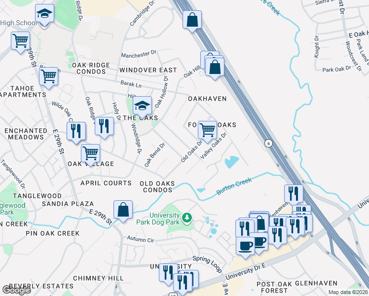 map of restaurants, bars, coffee shops, grocery stores, and more near 2910 Hillside Drive in Bryan