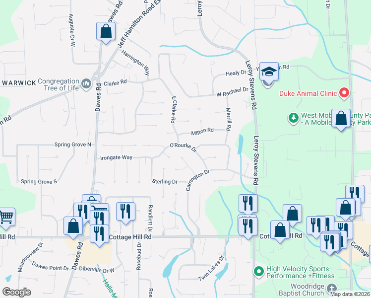 map of restaurants, bars, coffee shops, grocery stores, and more near 2154 O'Rourke Dr in Mobile
