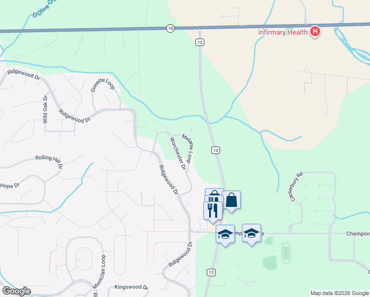 map of restaurants, bars, coffee shops, grocery stores, and more near 112 Melanie Loop in Daphne