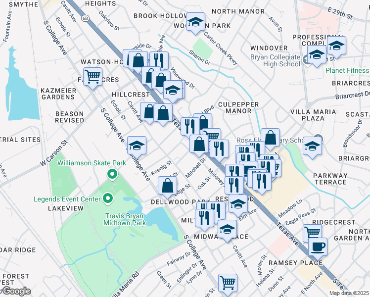 map of restaurants, bars, coffee shops, grocery stores, and more near 2504 Maloney Avenue in Bryan