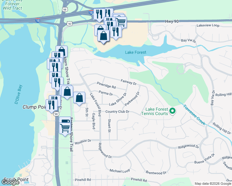 map of restaurants, bars, coffee shops, grocery stores, and more near 22 Parma Dr in Daphne