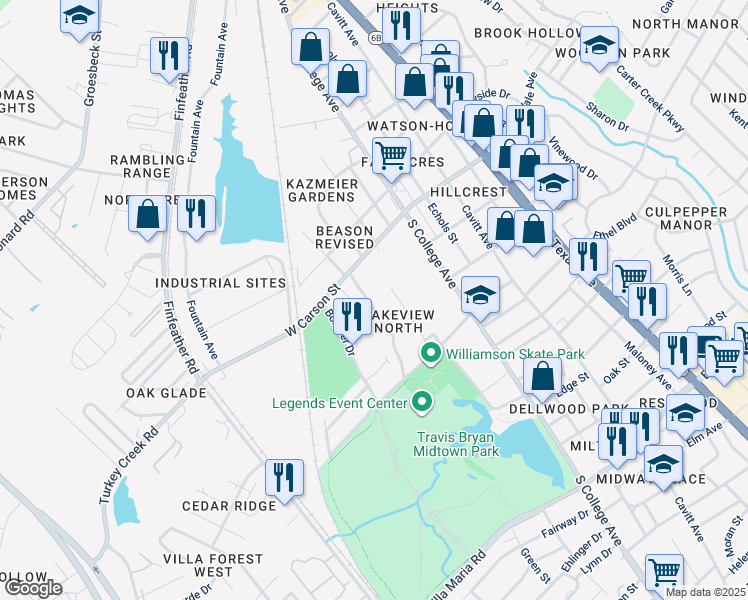 map of restaurants, bars, coffee shops, grocery stores, and more near 2205 Truman Street in Bryan