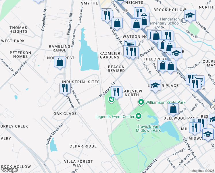 map of restaurants, bars, coffee shops, grocery stores, and more near 526 West Carson Street in Bryan