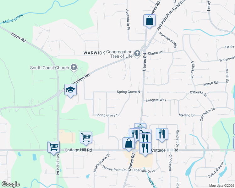 map of restaurants, bars, coffee shops, grocery stores, and more near 8875 Spring Grove North in Mobile