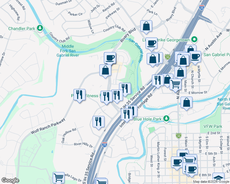 map of restaurants, bars, coffee shops, grocery stores, and more near 1400 Rivery Boulevard in Georgetown