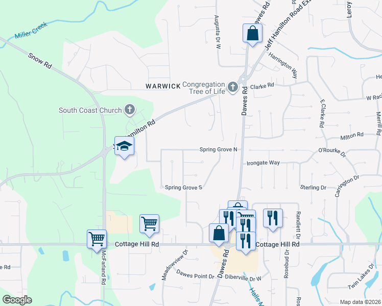 map of restaurants, bars, coffee shops, grocery stores, and more near 8915 Spring Grove North in Mobile
