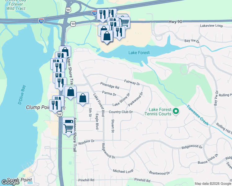map of restaurants, bars, coffee shops, grocery stores, and more near 19 Parma Drive in Daphne