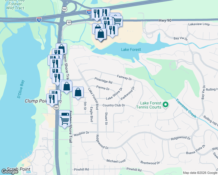 map of restaurants, bars, coffee shops, grocery stores, and more near 19 Parma Drive in Daphne