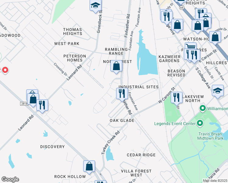 map of restaurants, bars, coffee shops, grocery stores, and more near 2105 Granite Ridge Place in Bryan