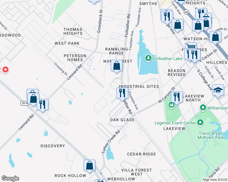 map of restaurants, bars, coffee shops, grocery stores, and more near 2110 Amberglow Place in Bryan