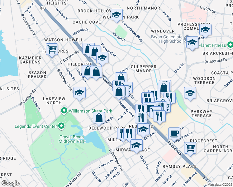 map of restaurants, bars, coffee shops, grocery stores, and more near 2606 Texas Avenue in Bryan