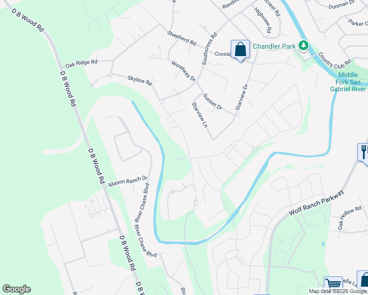 map of restaurants, bars, coffee shops, grocery stores, and more near 100 Skyline Road in Georgetown