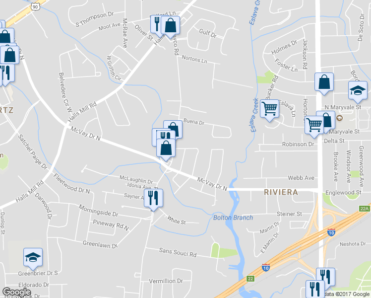 map of restaurants, bars, coffee shops, grocery stores, and more near 2449 Juanita Street in Mobile