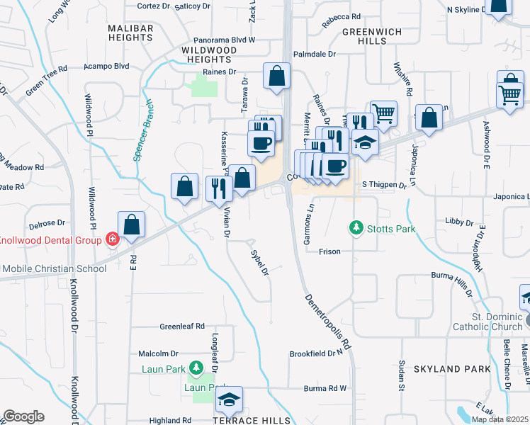 map of restaurants, bars, coffee shops, grocery stores, and more near 5223 Cottage Hill Road in Mobile