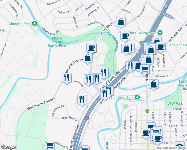 map of restaurants, bars, coffee shops, grocery stores, and more near 1220 Rivery Boulevard in Georgetown