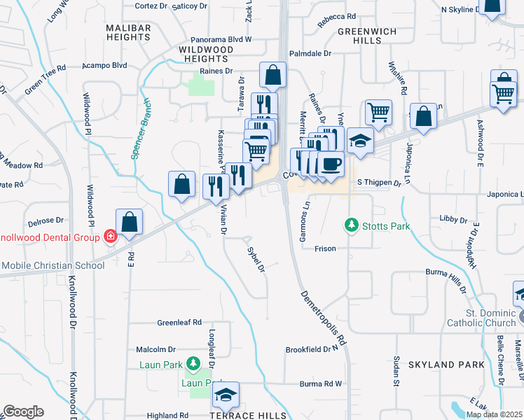map of restaurants, bars, coffee shops, grocery stores, and more near 5223 Cottage Hill Road in Mobile