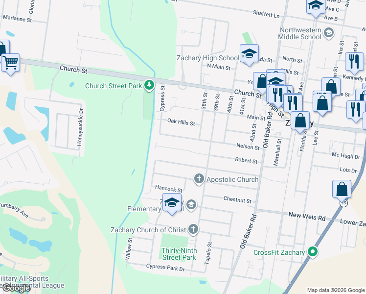 map of restaurants, bars, coffee shops, grocery stores, and more near 3646 Robert Street in Zachary