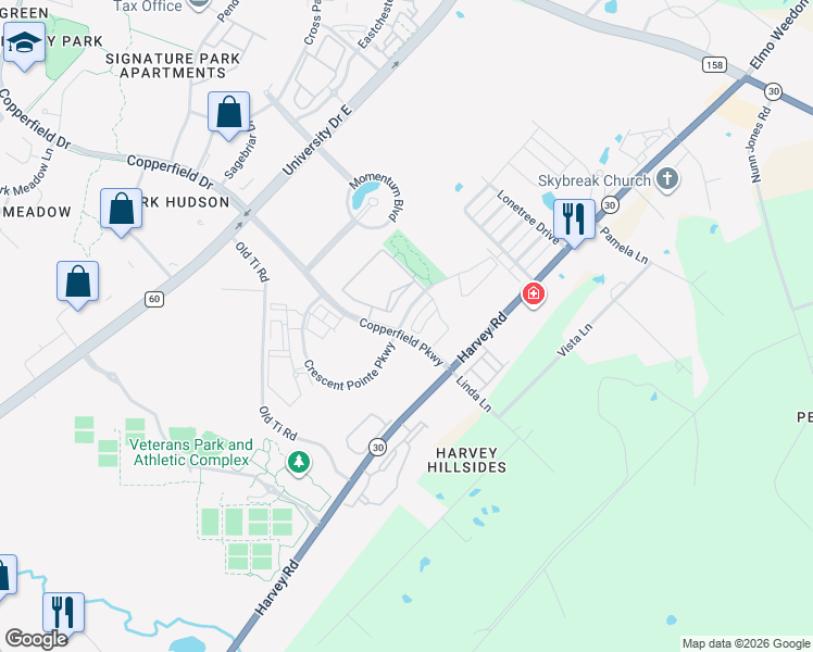 map of restaurants, bars, coffee shops, grocery stores, and more near Crescent Pointe Parkway in College Station