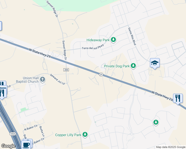 map of restaurants, bars, coffee shops, grocery stores, and more near 9975 West State Highway 29 in Georgetown