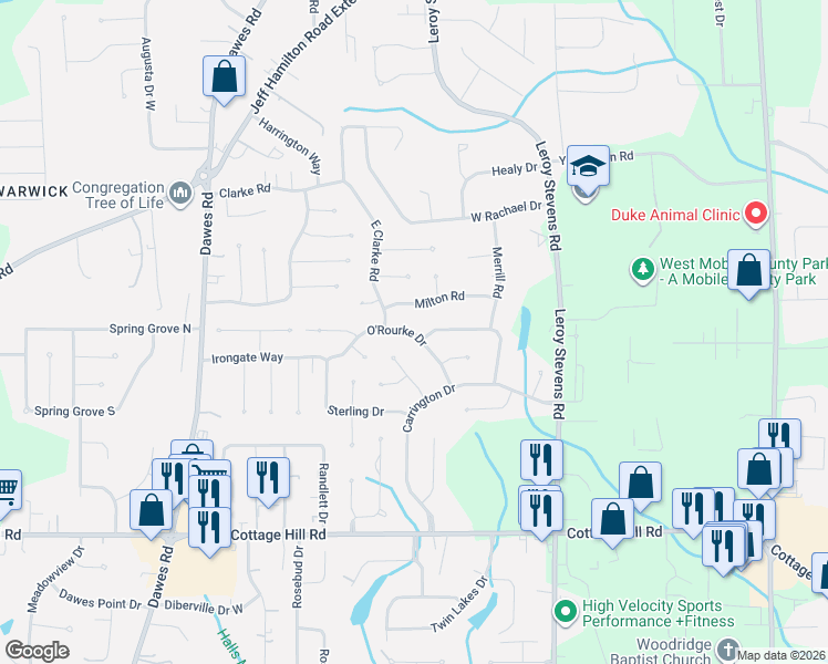 map of restaurants, bars, coffee shops, grocery stores, and more near 2154 O'Rourke Dr in Mobile