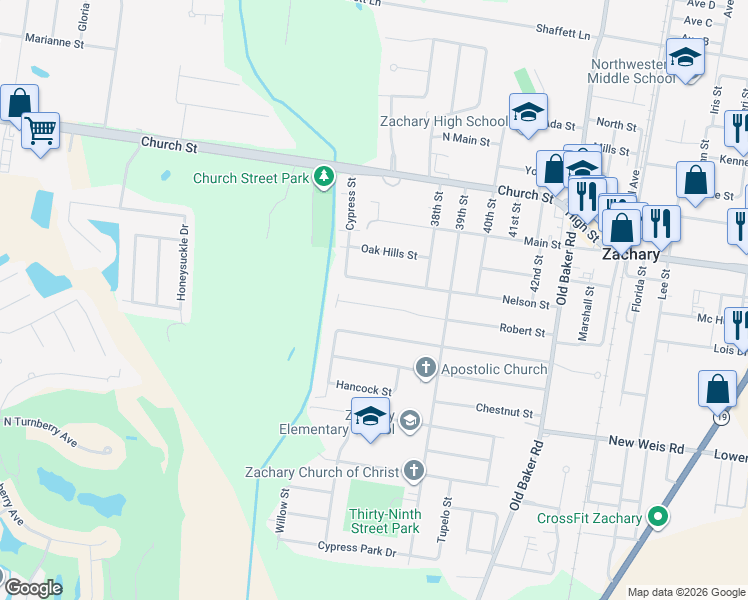 map of restaurants, bars, coffee shops, grocery stores, and more near 3646 Robert Street in Zachary