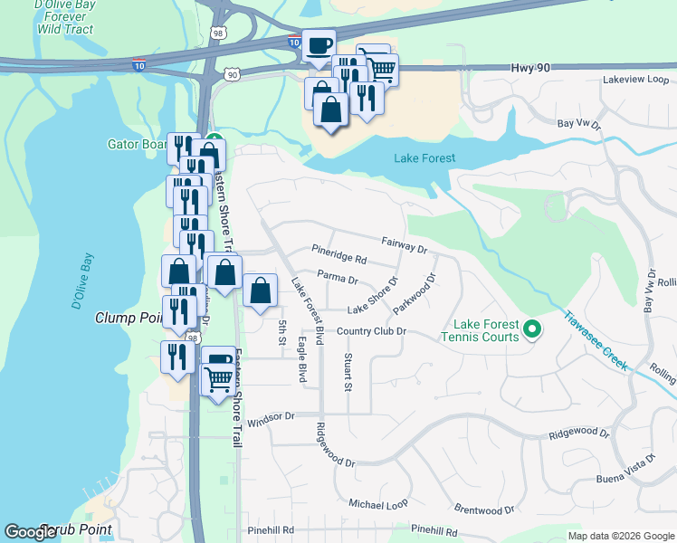 map of restaurants, bars, coffee shops, grocery stores, and more near 13 Parma Drive in Daphne