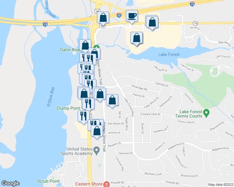 map of restaurants, bars, coffee shops, grocery stores, and more near 600 Cheshire Lane in Daphne