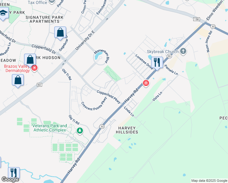 map of restaurants, bars, coffee shops, grocery stores, and more near 1620 Copperfield Parkway in College Station