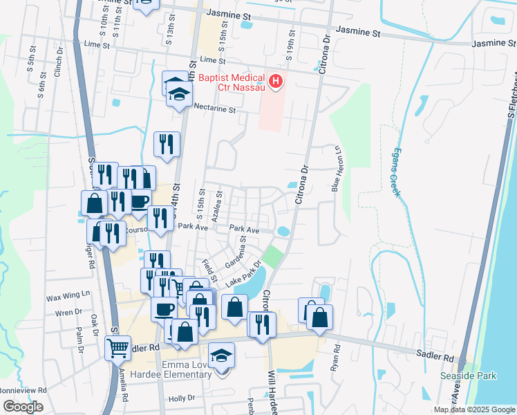 map of restaurants, bars, coffee shops, grocery stores, and more near 1785 Heather Street in Fernandina Beach