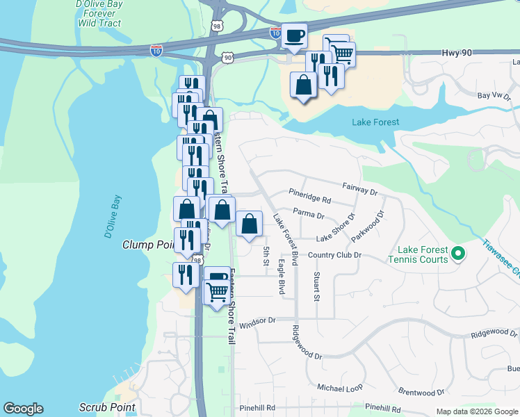 map of restaurants, bars, coffee shops, grocery stores, and more near 512 Lake Forest Boulevard in Daphne