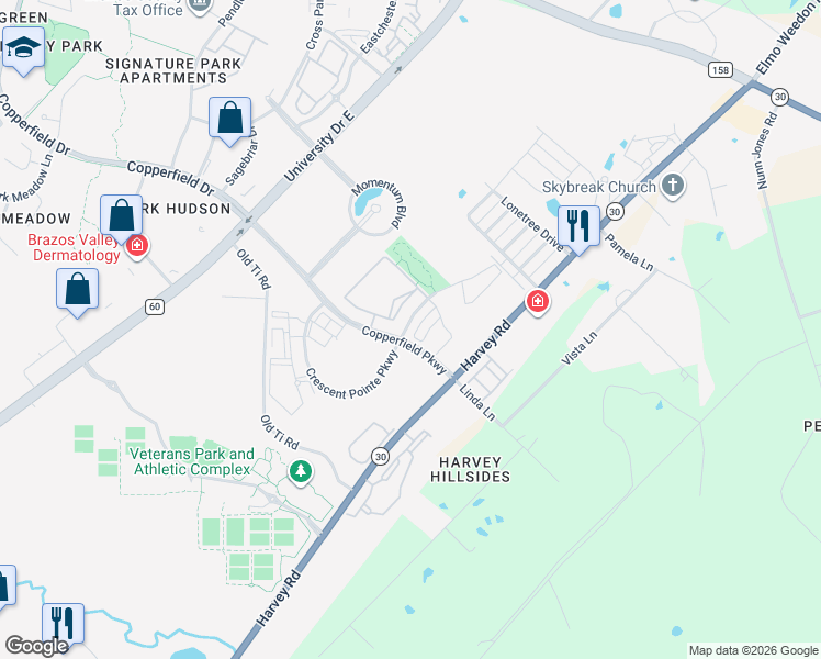 map of restaurants, bars, coffee shops, grocery stores, and more near Crescent Pointe Parkway in College Station