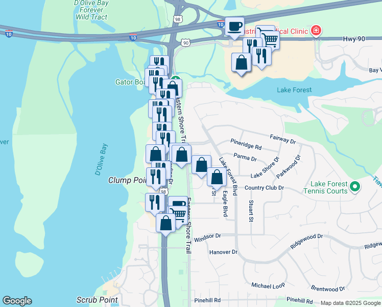 map of restaurants, bars, coffee shops, grocery stores, and more near 208 Grant Street in Daphne
