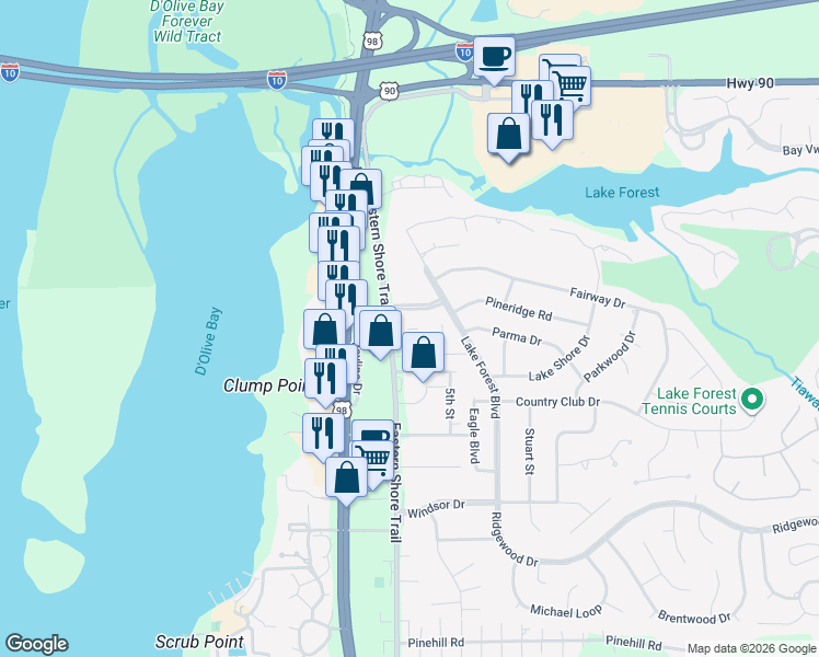 map of restaurants, bars, coffee shops, grocery stores, and more near 500 Grant Street in Daphne