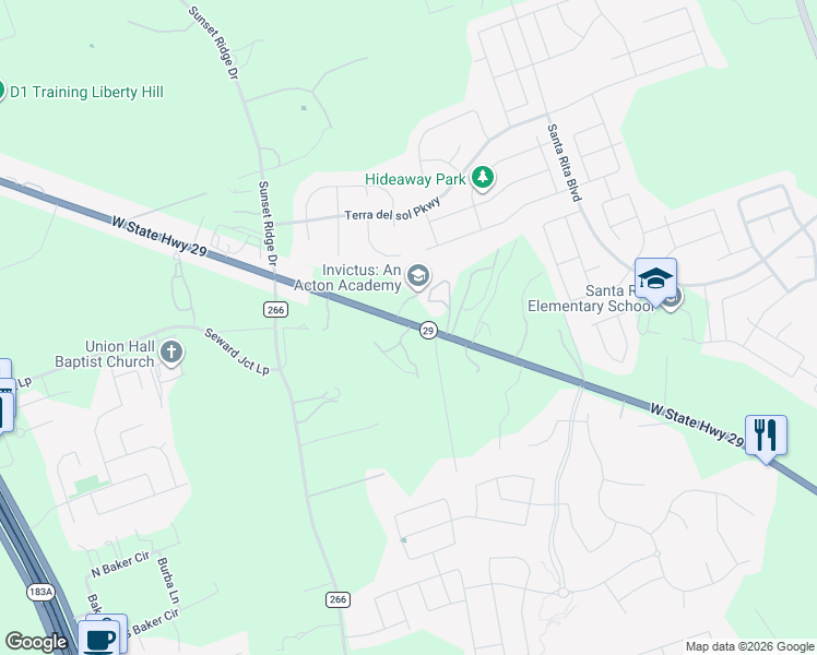 map of restaurants, bars, coffee shops, grocery stores, and more near 9975 West State Highway 29 in Georgetown