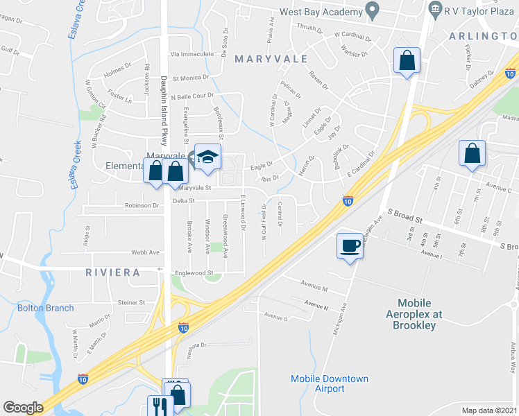 map of restaurants, bars, coffee shops, grocery stores, and more near 1308 West Gulf Field Drive in Mobile