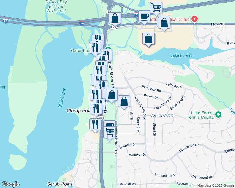 map of restaurants, bars, coffee shops, grocery stores, and more near 500 Grant Street in Daphne