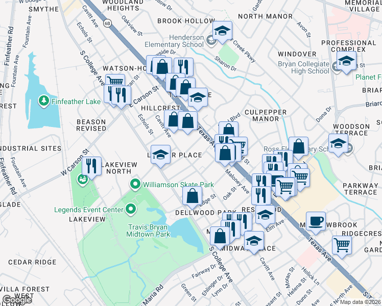 map of restaurants, bars, coffee shops, grocery stores, and more near 301 Post Office Street in Bryan