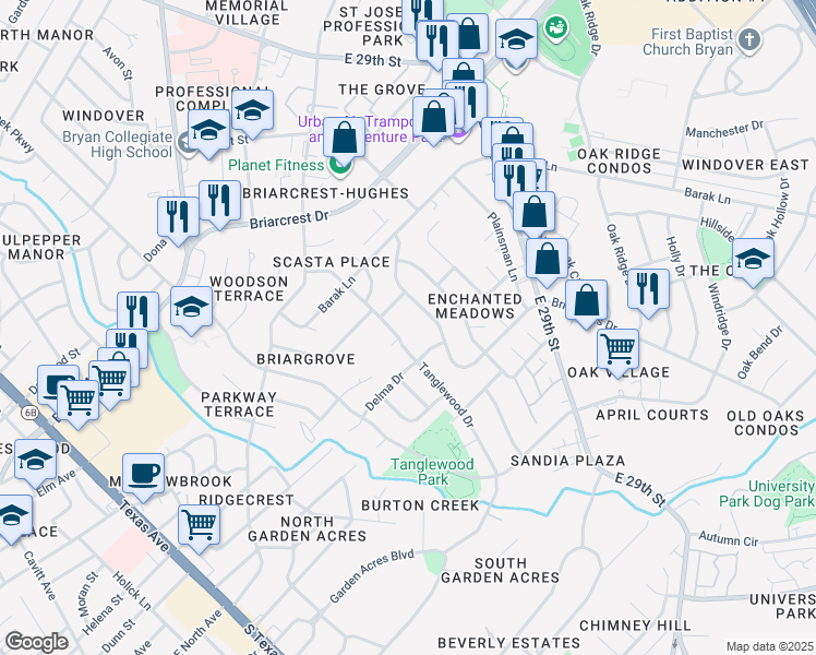 map of restaurants, bars, coffee shops, grocery stores, and more near 3715 Tanglewood Drive in Bryan
