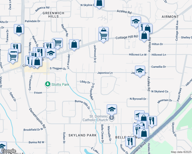 map of restaurants, bars, coffee shops, grocery stores, and more near 955 Highpoint Drive East in Mobile