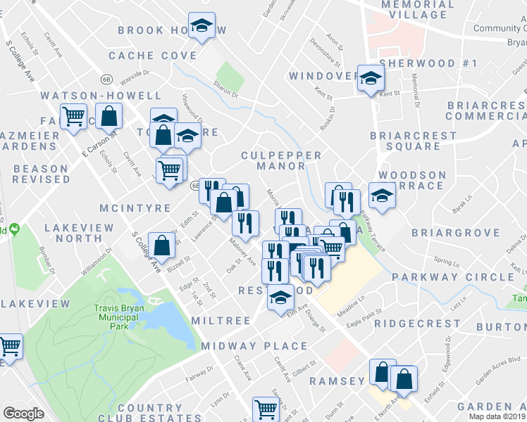 map of restaurants, bars, coffee shops, grocery stores, and more near 811 Mitchell Street in Bryan