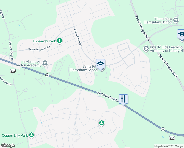 map of restaurants, bars, coffee shops, grocery stores, and more near 9550 Texas 29 in Georgetown
