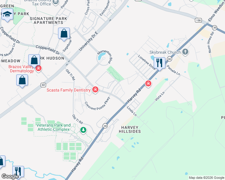 map of restaurants, bars, coffee shops, grocery stores, and more near Crescent Pointe Parkway in College Station