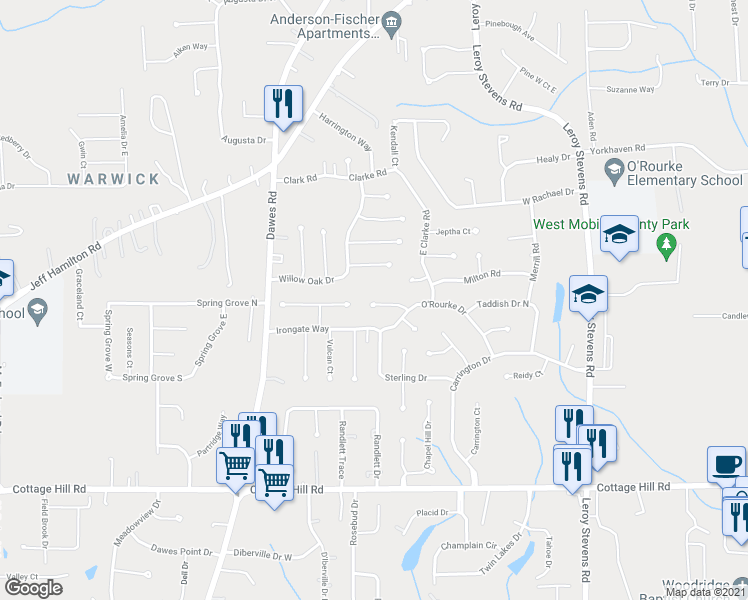 map of restaurants, bars, coffee shops, grocery stores, and more near 8530 Gayla Court in Mobile