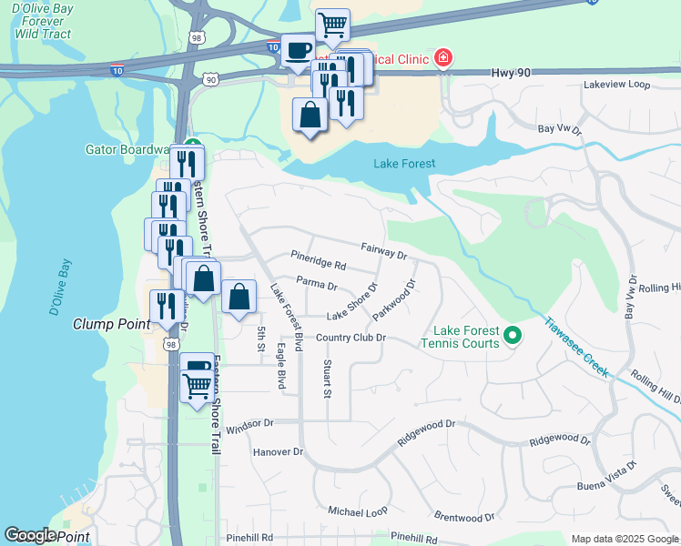 map of restaurants, bars, coffee shops, grocery stores, and more near 130 Pineridge Road in Daphne