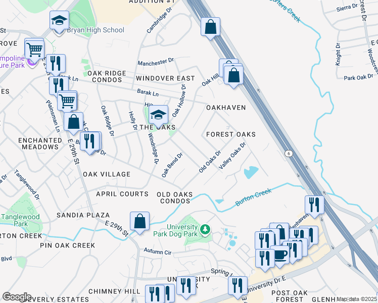 map of restaurants, bars, coffee shops, grocery stores, and more near 2904 Woodmeadow Drive in Bryan