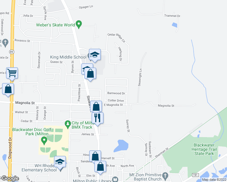 map of restaurants, bars, coffee shops, grocery stores, and more near 6740 Barnwood Drive in Milton