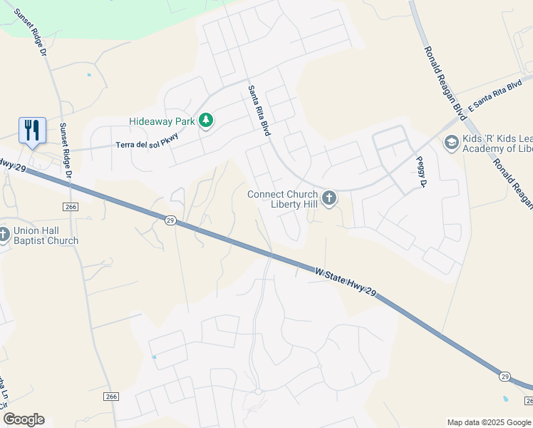 map of restaurants, bars, coffee shops, grocery stores, and more near 9550 Texas 29 in Georgetown