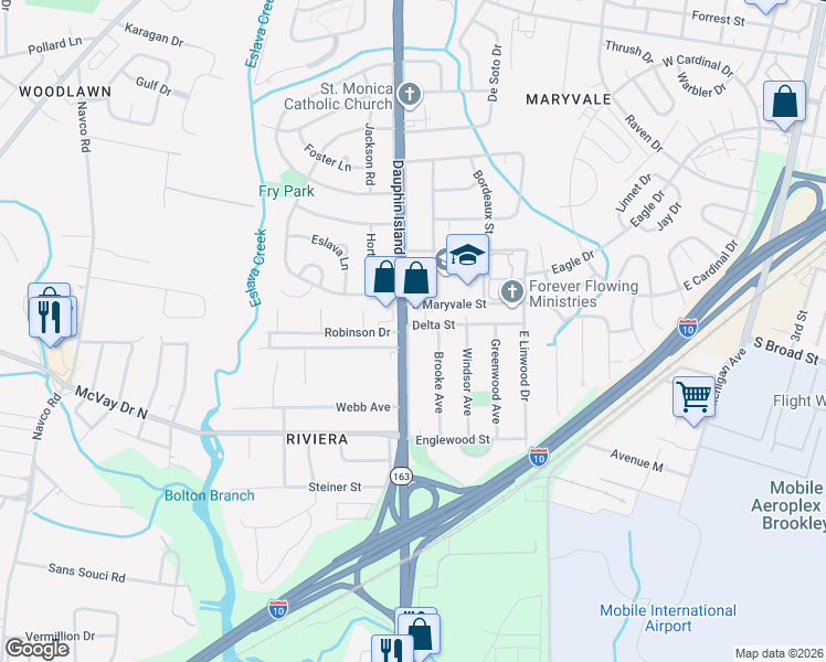 map of restaurants, bars, coffee shops, grocery stores, and more near 1301 Dauphin Island Parkway in Mobile